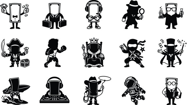 Silhouette of various cartoon characters in different professions and activities