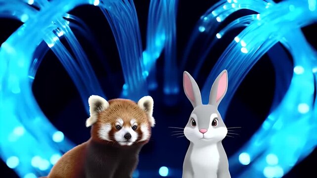 A charming red panda and a cute rabbit stand amidst swirling blue lights.