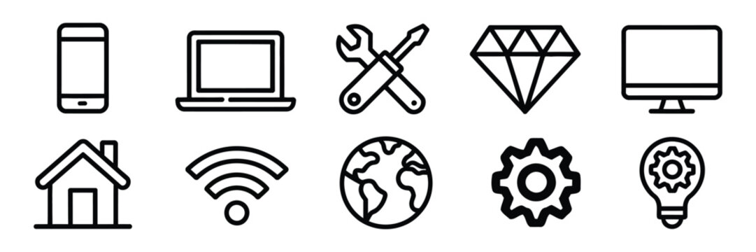 Minimalist flat home office education and technology icon vector set, house, building, apartment, briefcase, and digital symbols for business, learning, real estate, and modern interface design