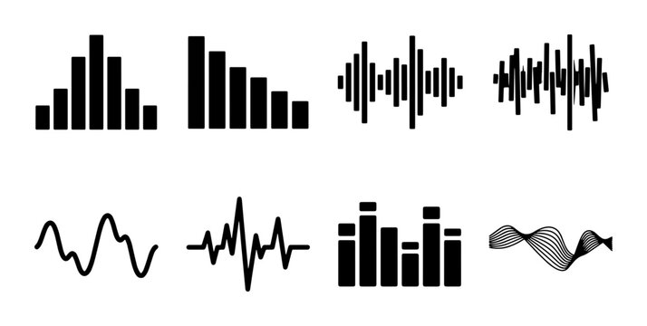 Audio Waveform Icons, Sound Waveform Graphics, Equalizer Bars, Abstract Sound Visualizations, Digital Audio Signal Vectors