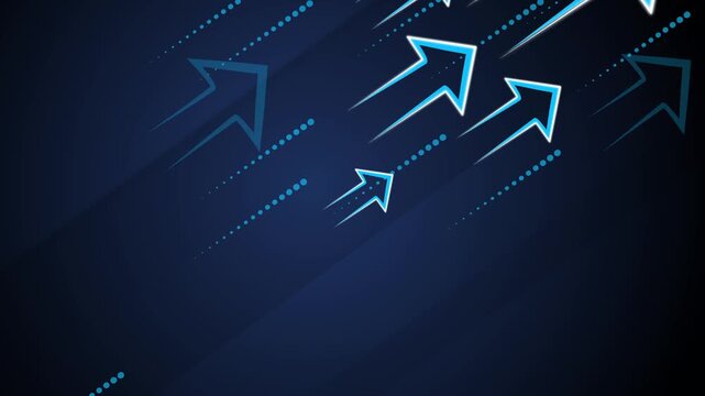 Abstract dark background with glowing upward arrows and diagonal dotted lines, suggesting growth progress and rising success animation