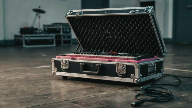 Keyboard road case lies open on a dark studio floor showing off professional music recording gear inside it.