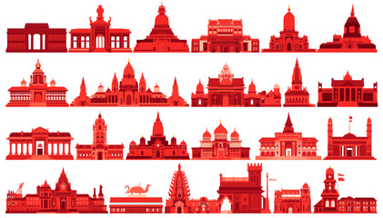 A vibrant collection of diverse architectural styles and iconic buildings rendered in a striking monochromatic red hue, showcasing historical and modern structures. © ktb