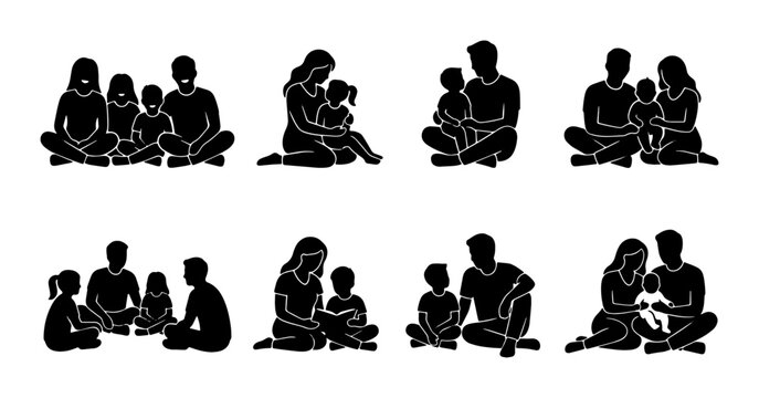 Family Silhouettes Collection: Parents and Children Sitting Together, Diverse Poses, Vector Icons for Lifestyle and Connection
