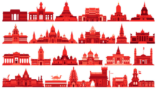A vibrant collection of diverse architectural styles and iconic buildings rendered in a striking monochromatic red hue, showcasing historical and modern structures.