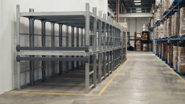 Industrial metal shelving units occupy a large warehouse space designed for efficient inventory storage management.