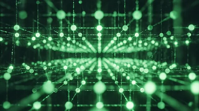 Abstract green network of glowing spheres and lines receding into the distance.