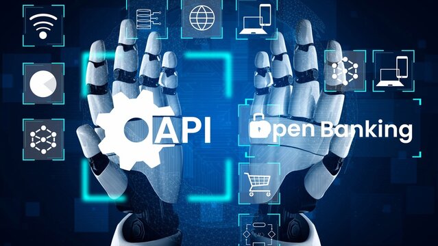 Robotic Hands Showcasing Open Banking Concepts with API Symbols and Digital Elements for Financial Technology Development and Innovation Gluon.
