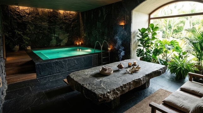 Dark stone spa area with illuminated plunge pool.
