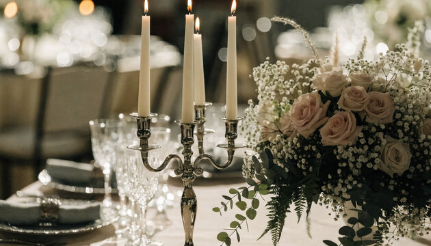 Elegant Table Setting with Candles and Floral Centerpiece in Soft Lighting