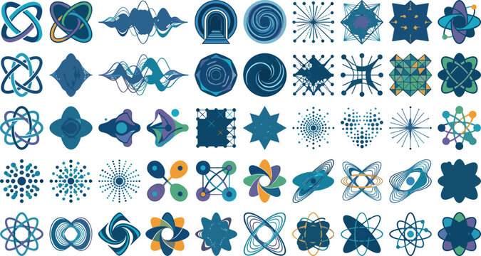 Abstract futuristic technology icons vector set featuring quantum computing models atom loops and sacred geometry shapes for tech company brand logo design elements