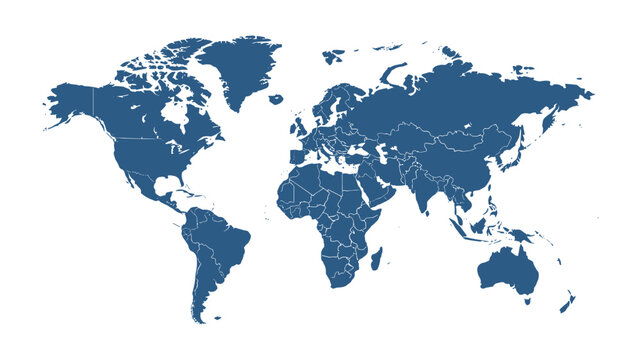 Political World Map. A detailed political map displays all continents and countries in a cool blue hue, emphasizing global connections and geographical knowledge.