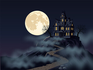 Fototapeta premium A haunted castle on a hill with a full moon in the background Halloween vector scene.