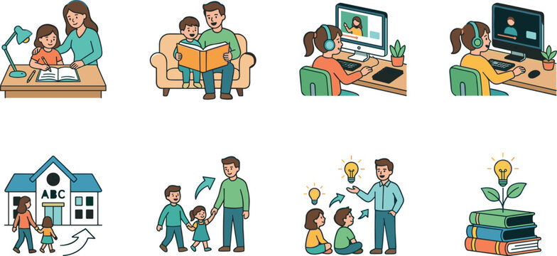 Education and elementary learning illustration set featuring school tutoring remote e-learning reading and academic growth vectors for edtech application interface design
