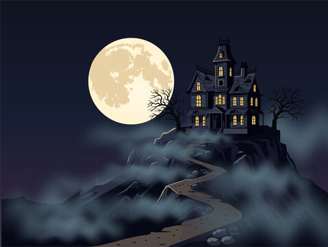 A haunted castle on a hill with a full moon in the background Halloween vector scene.