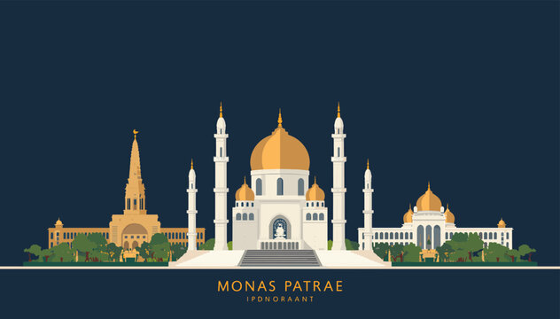 A detailed flat illustration of the Monas Petrae building complex, showcasing its grand architecture and golden domes against a dark blue background.