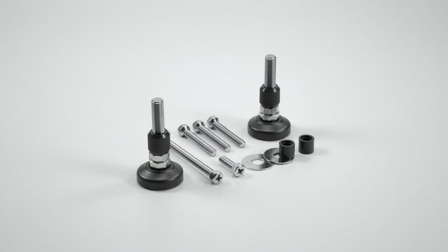 Adjustable feet with threaded rods and washers are displayed on a white surface for furniture leveling purposes.