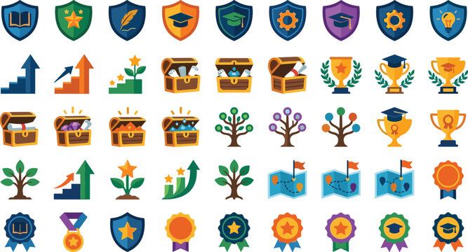 Gamification education icons vector set featuring school achievement badges graduation trophies learning pathway maps and treasure chests for gamified online learning platforms