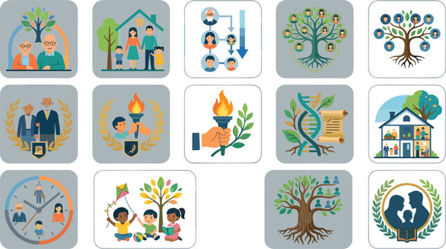 Genealogy and family history icon set featuring family tree dna legacy heritage and generation vectors for ancestry website interface design
