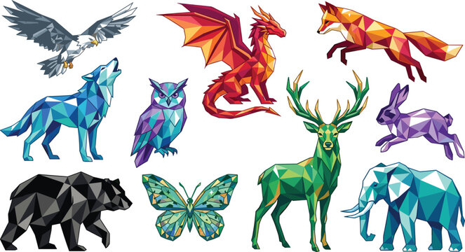 Geometric low poly animals and mythical dragon vector set featuring colorful origami style wildlife characters for creative logo branding and tattoo design elements