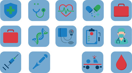 Fototapeta premium Medical and healthcare icon set featuring stethoscope shield pills syringe doctor ambulance and heartbeat symbols for hospital app interface design