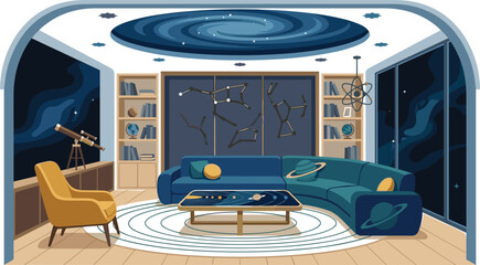 Modern space themed living room interior vector showing galaxy ceiling decoration telescope and constellation wall art for home decor design inspiration © AntarChandra