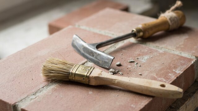 Masonry tools including a chisel and a dusting brush rest on top of unfinished red brick masonry elements.