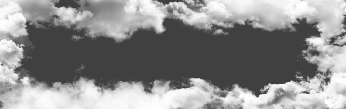 Monochrome cloud frame with dark gray sky background black and white fluffy clouds forming a border, ethereal and dreamy sky texture isolated on transparent background