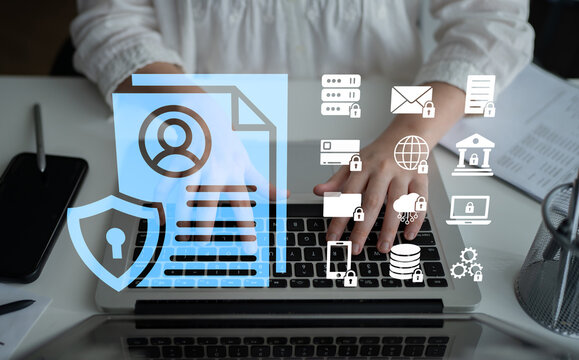 Digital Security Implementation with Laptop and User Data Privacy Icons for Cybersecurity and Information Protection Concepts. Glyphic.