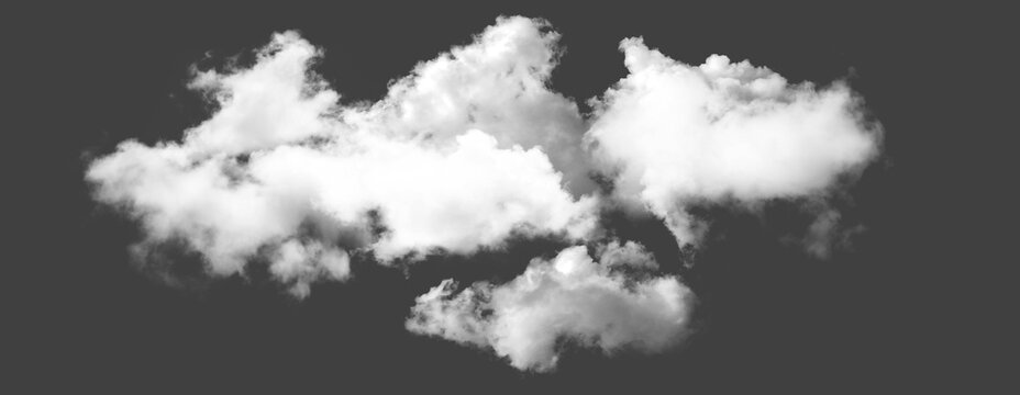 Collection of realistic white fluffy clouds on a dark grey background, isolated cloud element for design resources isolated on transparent background