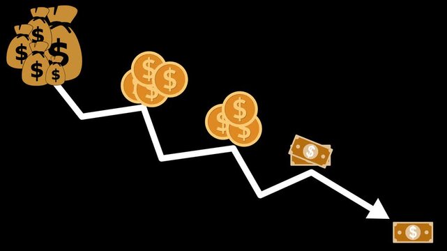 Money decline infographic animation, Stacked money bag and coin icons placed along the line, depicting decreasing money sizes toward