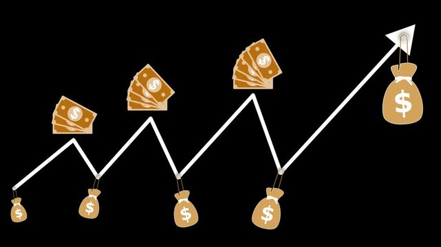 Upward financial growth chart with money icons animation, Stylized upward financial growth chart with money bags and cash icons