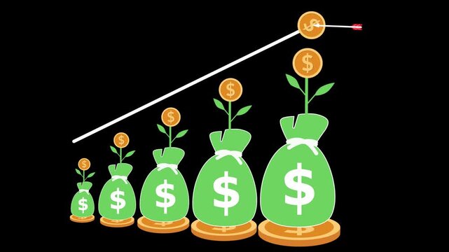 Growing money bags with upward trend animation, Money bags growing like plants on coins, increasing in size with coins and upward trend line