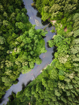 Kayaking on river. Sport in summer. Aerial view of Poland