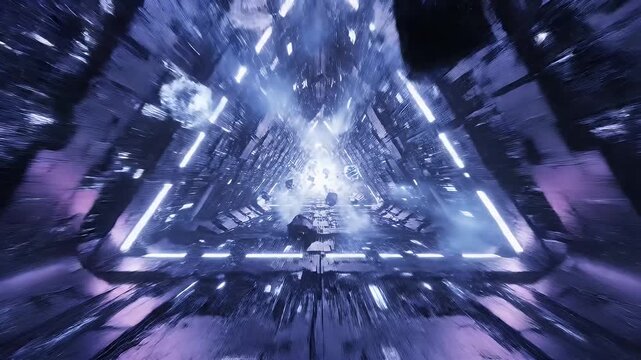Abstract triangular tunnel with floating geometric shapes.