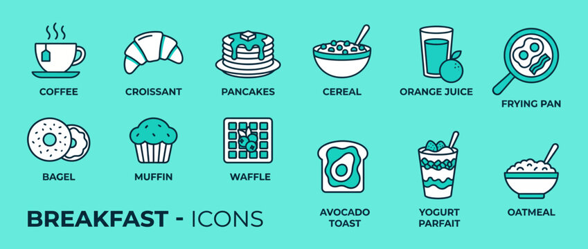 Set of breakfast icons including coffee, pancakes, cereal, orange juice, bagel, muffin, and waffle