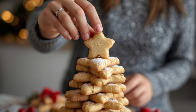There is a woman placing a star shaped cookie on top of a stack of cookies