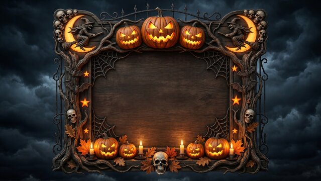 Spooky Halloween Wooden Signboard Frame with Carved Jack O Lantern Pumpkins, Witches, and Skulls on Dark Stormy Sky Background