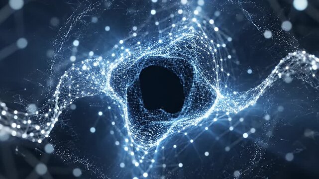 Abstract visualization of a swirling vortex of digital particles and light.
