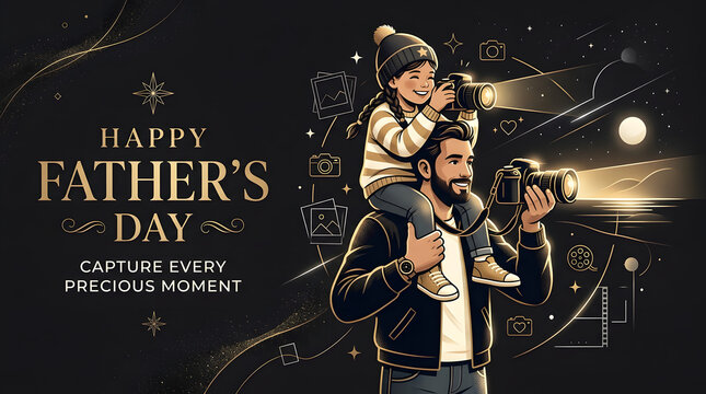 Father holding his child on shoulders while taking a photo together on father's day with daughter