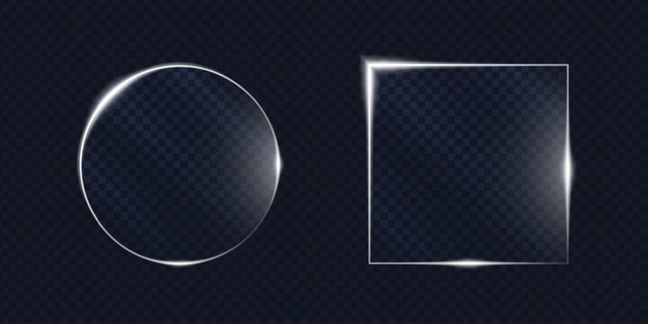 Glass morphism square and round frames. Realistic transparent banners with glowing white borders for web. Vector art