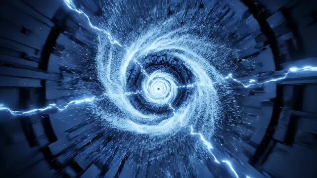 Abstract blue vortex with electrical energy and mechanical structures.