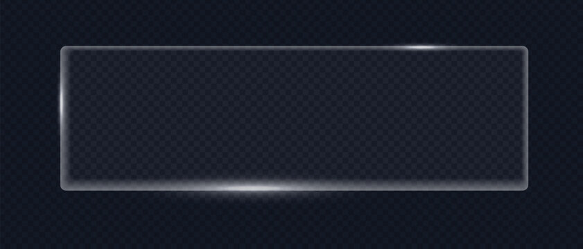 Transparent rectangular glass banner with white light edges. Clear UI text box for web design. Vector element