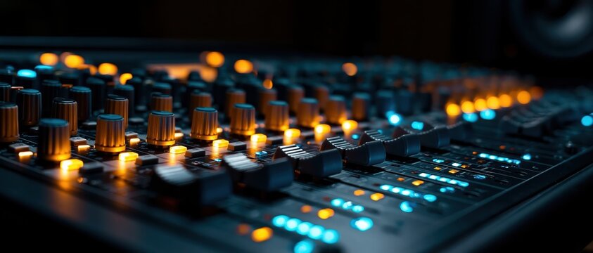 Close up of a professional audio mixing console with illuminated knobs and faders