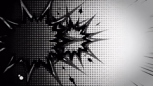 Dynamic black and white comic book style background with halftone dots and speed lines.