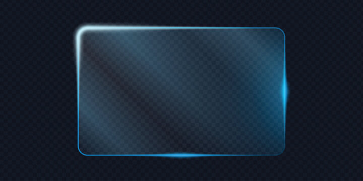 Realistic glass morphism text box with blue light border. Transparent banner for digital screen. Vector graphic