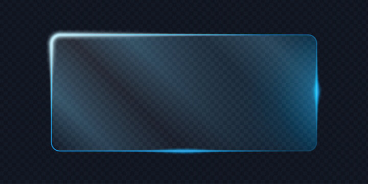 Blue neon glowing glass banner. Transparent glass morphism text box for futuristic web dashboard. Vector EPS10
