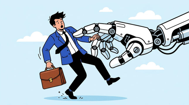 Businessman in blue suit startled by large robotic arm reaching for him, on a light blue background with clouds