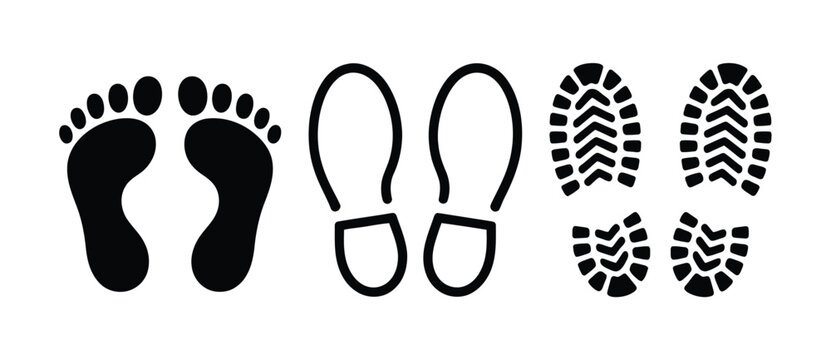 Set of human footprints vector illustration, different walking and running footprint tracks isolated for hiking, tracking, wildlife trail, and motion path design concepts