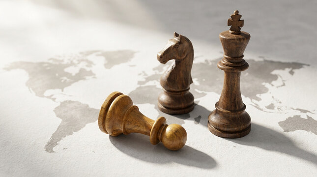 Wooden chess pieces, king, knight, and fallen pawn, on a world map background with dappled sunlight